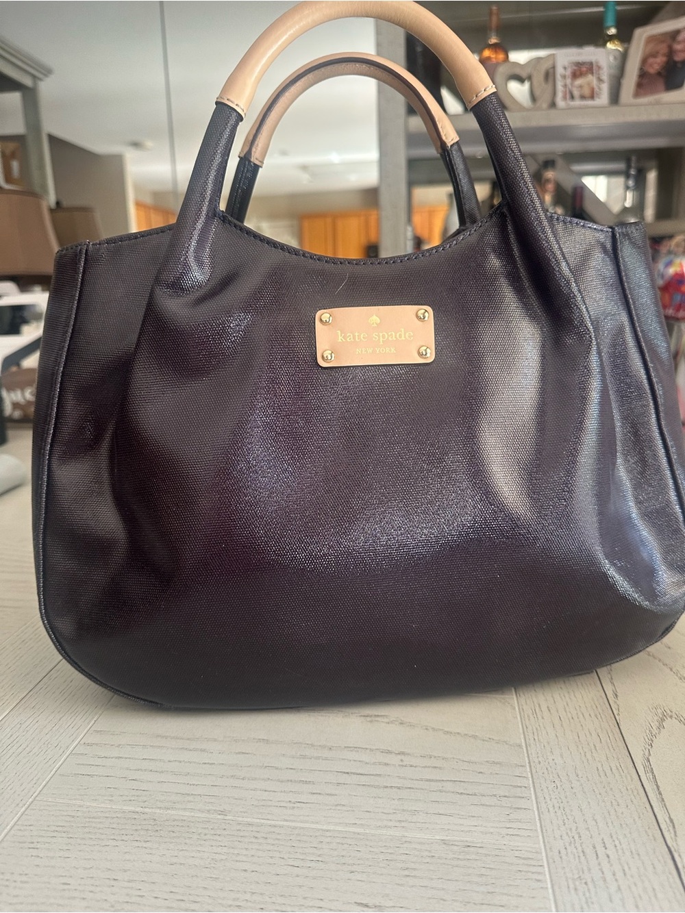 kate spade Black Satchel with Tan Handles and Gold Plate
